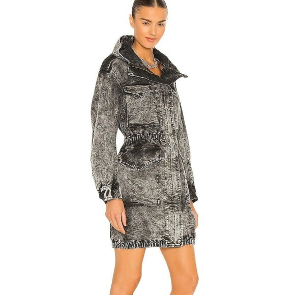 $395 Norma Kamali Cargo Utility Jacket Dress Hooded Zip Denim Black Acid Wash 12 - Picture 4 of 8